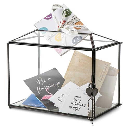 Wedding Glass Card Box with Slot and Lock, 10.2 x 6 x 8 Inch, Small Black Geometric Cards Holder for Birthdays Party Reception, Wishing Well - Slot Length 6.3'' (Glass Box Only) - color: C-Small Black Card Box 10.2''