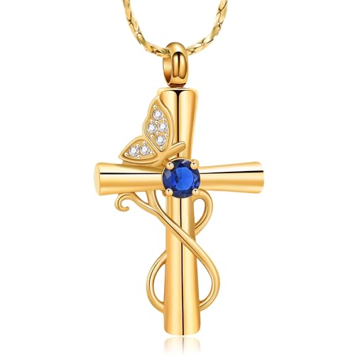 Imrsanl Butterfly Cremation Jewelry Cross Urn Necklace for Ashes | Ashes Holder Keepsake, Human Pet Funeral Memorial Pendant, For Women, In Memory of a Beloved - color: Gold-Blue