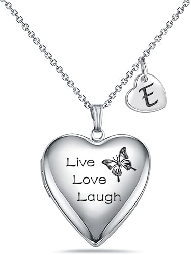 MUERDOU Butterfly Locket Necklace that Holds Pictures Initial Alphabet Letter Heart Shaped Photo Memory Locket Pendant Necklace - style: E