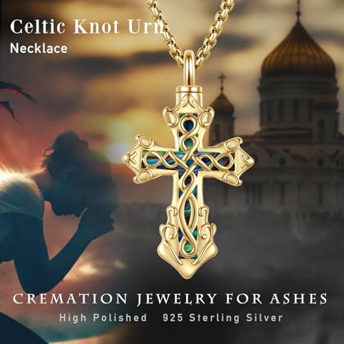 925 Sterling Silver Celtic Cross Urn Necklace for Ashes - color: gold-c