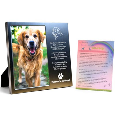 Dog Memorial Picture Frame 4x6, Dog Memorial Gift for loss of Dog (1S) | Angel Rainbow Bridge Prayer Card Included, Premium Aluminum Alloy Material, Packaged in an Elegant Plastic Gift Box - color: Silver - Kind Face