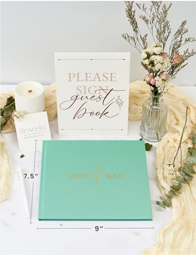 Wedding Guest Book, Polaroid Photo Guestbook for Baby Shower, 9x7.5" | Table Sign Included, Gold Stamping, Twill-Textured Hardcover, Perfect For Bridal Party & Baby Shower, Blue - color: Flower-teal