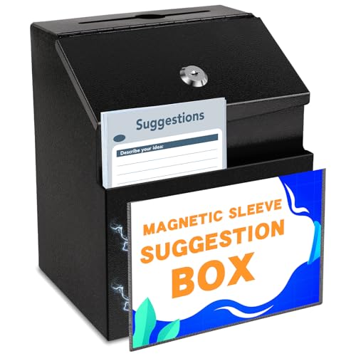 Suggestion Boxes with Magnetic Sign Holder, Metal Donation Boxes | Wall Mounted Ballot for Fundraising and 50 Free Suggestion Cards, with 2 Keys 8.4 x 5.8 x 7.0 inch,Black