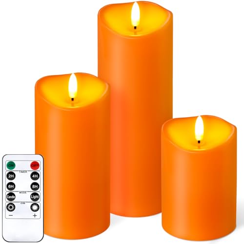 NURADA Outdoor Flameless Candles with Remote Timer - Waterproof Realistic Flickering LED Pillar Electric Battery Operated Fake Candle for Halloween Home Fireplace Decor - 3 Pack Orange (D3”H4”6”8”) - color: Orange, size: D3"H 4"6"8"