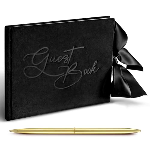 Panelee Wedding Guest Book with Pen Black Velvet Reception 144 Page Sign in Book Wedding Memory Papers Elegant Guestbook for Bridal Shower Party Guest Visitor - color: Black
