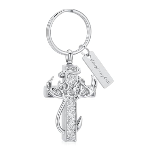 XSMZB Cross Cremation Jewelry Urn Necklace for Human Ashes Fish Hook Memorial Urn Pendant Deer Antler Cross Ashes Holder Keepsake Jewelry - color: Silver Always