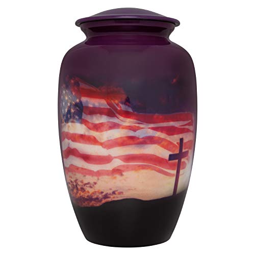 Flag and Cross Funeral Urn - Cremation Urn for Human Ashes - Aluminum -Suitable for Cemetery Burial or Niche - Large Size fits Remains of Adults up to 200 lbs - Veteran Patriotic urn - color: Waiving Flag