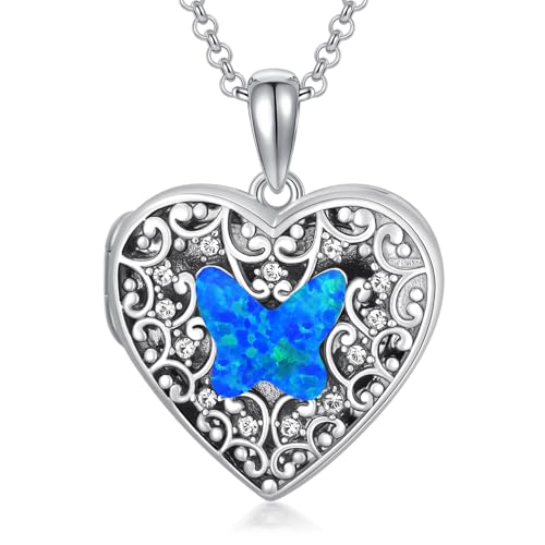 Dorunmo Personalized Locket Necklace 925 Sterling Silver that Holds Pictures Butterfly Birthstone Photo Heart Locket Custom Jewelry Congratulations New Beginnings New Job Gifts for Women - color: Butterfly Blue Opa, style: Only Locket