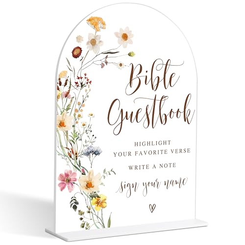 Wedding Bible Guest Book Sign, Flower Style Bridal Shower Signs for Engagement, Bridal Shower and Reception, Bridal Shower Decorations, Wedding Shower Favors, 6X8 Inch Acrylic Arch Sign with Stand,20 - color: Wedding Bible,20