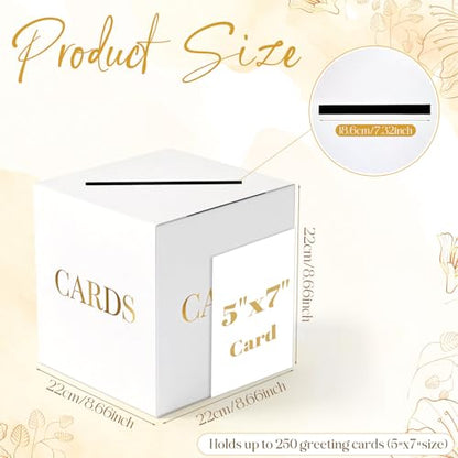 White Wedding Card Boxes for Receptions, Gift Card Box for Graduation Party | Thicker Paperboard Graduation Card Box for Party, Birthday, Retirement, Anniversary, Bridal & Baby Shower, Gold Foil Design - color: White