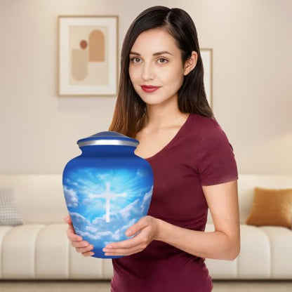 M MEILINXU Blue Sky Christian Cross Urns for Human Ashes Adult Man, Large - color: Blue