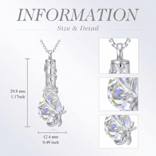 Butterfly/Dragonfly/Ladybug/Bee/Hummingbird Urn Necklace for Ashes Teardrop Crystal Keepsake Pendant Memorial Jewelry with Funnel Filler for Women - color: Dragonfly