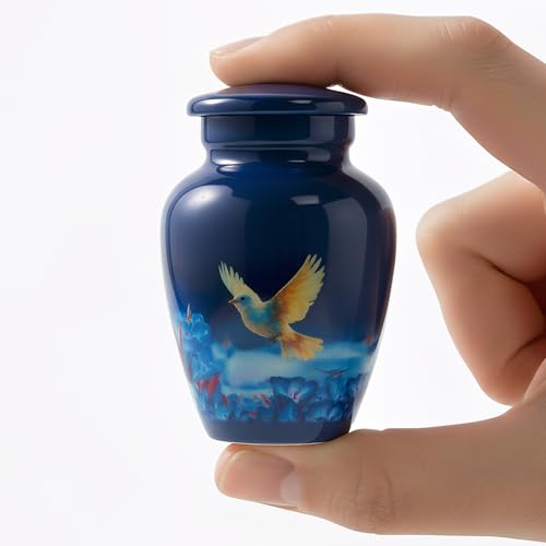 Small Keepsake Cremation Urn for Ashes - Beautiful Mini Memorial Urn with Velvet Box & Bag - color: Blue