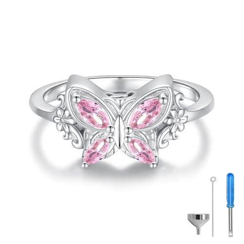 925 Sterling Silver Butterfly Cremation Ring for Ashes Memorial Urn Rings Keepsake Jewelry for Ashes Sympathy Gift for Women - color: Pink