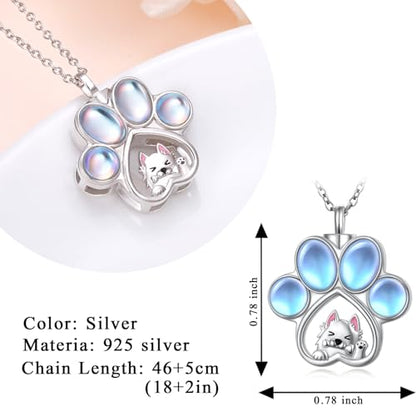 DAOCHONG Cat Urn Necklace Pet Cremation Memorial Jewelry for Women | 925 Sterling Silver Cremation Pendant | Dog Cat Paw Print Heart Locket | Pet Ashes Keepsake for Loved Ones - style: Moonstone Dog Urn Necklaces