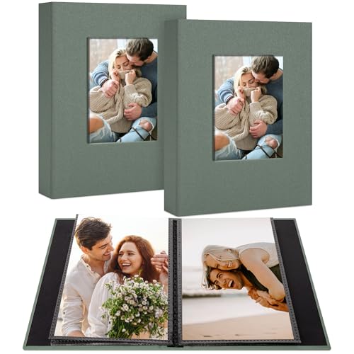 2 Pack Photo Album Holds 48 Pockets with Linen Cover and Customizable Window, Fits 4x6 Photos, Archival Black Pages, Gray Green - color: Grey Green, size: 48 Pockets-2 Packs