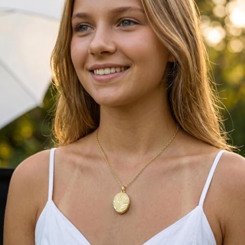 YOUFENG Love Heart Locket 14K Gold-Filled Oval Circle Rectangle Lockets that Hold Pictures Floral Patterns Necklace for Women - color: GoldOval