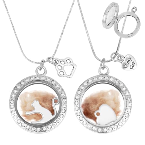 2PCS Pet Ashes Necklace Cats Hair Keepsake Fur Locket Necklaces Cat Dog Remembrance Jewelry with Paw Heart Rhinestone Pet Memorial Urn Necklace for Cats Women Men Loss Pet Sympathy Gift - color: Silver Necklace