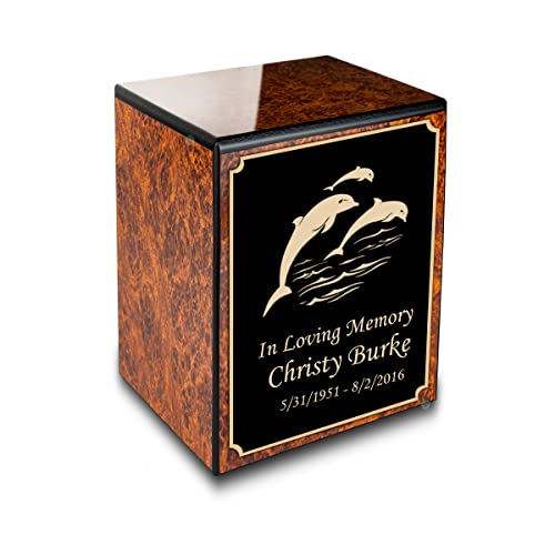 GetUrns Custom Dolphin Small Urn Box for Human Ashes I Personalized Wooden Keepsake Cremation Urn for Male or Female I Burl Wood Memorial Box I 40lbs - color: Dolphin