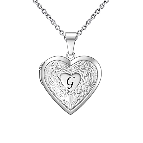 KunBead Women's Heart Photo Locket Necklace with Picture inside Initial A-Z Letter Alphabet Love Jewelry Pendant Necklace - style: G