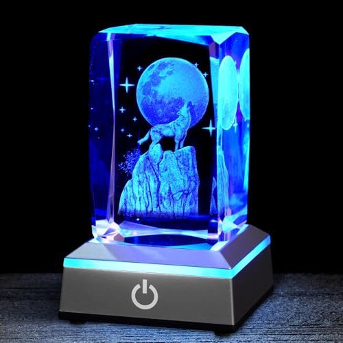 3D Wolf Crystal Night Light with Multicolor LED Base Glass Laser Engraved Wolf Figurines Statue Gifts for Boys Girls Birthday Christmas Room Decor - color: Wolf