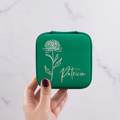 Custom Leather Jewelry Box w/Name & Birth Flower Month - Birthday Gifts for Women, Personalized Jewelry Travel Case - Customized Jewelry Organizer Box, Mom Birthday Gifts - Emerald - color: EMERALD
