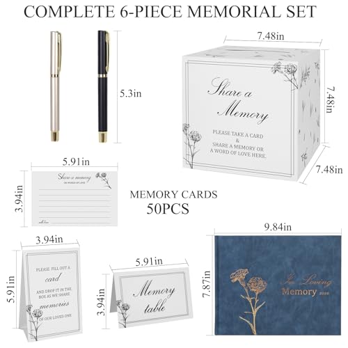 Funeral Guest Book Set with 50 Memory Cards, Drop Box & Pen for Celebration | Complete Memorial Table Set – Includes guest book, 50 memory cards, card drop box, table sign, instruction card and 2 pens. - style: Book Kit