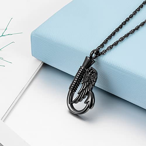 abooxiu Fishing Heart Hook Urn Necklace for Ashes Fish Heart Hook Stainless Steel Cremation Jewelry - Black - color: Black-Wing, style: Non-engraving