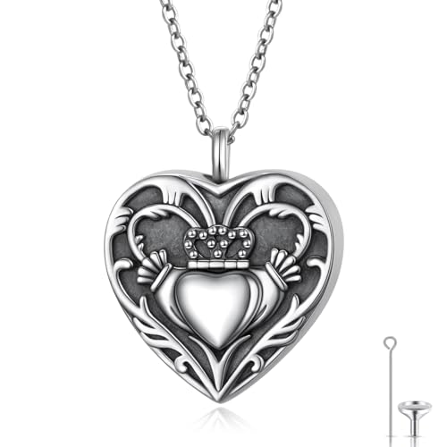 925 Sterling Silver Urn Necklaces for Women Claddagh/Angel Wings/Guitar/Butterfly/Tree of Life Ashes Memorial for Loss Keepsake Jewelry Present Easter Day of the Dead - style: Irish Claddagh