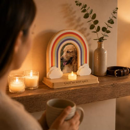 Rainbow Bridge Dog Memorial Gifts | Premium Solid Wood Pet Memorial Picture Frame for 4x6 Photo, LED Candle, Sympathy Card, Gift Box | Pet Loss Sympathy Gift Set for Dogs & Cats, In Memory of Dog