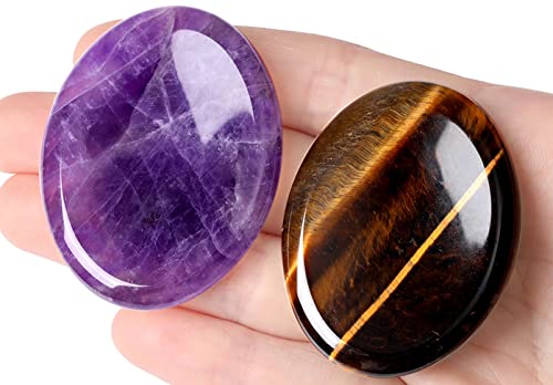 QINJIEJIE 2PCS Worry Stone for Anxiety Tigers Eye Amethyst Pocket Hug - color: B-amethyst & Tiger's Eye