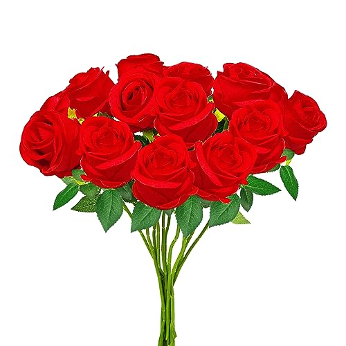 hailanbao 24PCS Red rtificial Roses with Long Stems, Silk Faux Flowers | realistic red silk roses with flexible stems for DIY bouquets, centerpieces, weddings and home décor. - color: Red 24pcs