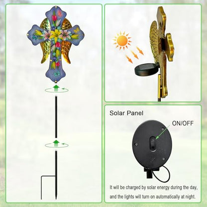 Solar Cross Garden Stake Lights,Metal Angel Wing & Acrylic Flowers Cross Solar Christmas Lights Outdoor,Waterproof Memorial Garden Decor for Cemetery,Grave,and Remembrance Gifts