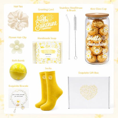 Gift Baskets for Women, Mothers Day Gifts, 9pcs Unique Birthday Gifts for Women, Thinking of You Gift for Women Self Care Gifts Sending Sunshine Cheer Up Gifts Box for Best Friend Sister Coworker - style: Sending Sunshine