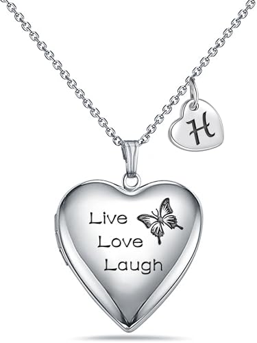 MUERDOU Butterfly Locket Necklace that Holds Pictures Initial Alphabet Letter Heart Shaped Photo Memory Locket Pendant Necklace - style: H