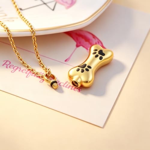 Custom Dog Bone Memorial Pendant Necklace with Paw Print, Stainless Steel Personalized Pet Cremation Jewelry Puppy Animal Urn Pendant Best Friends Friendship Pet Keepsake Gifts Dog Urn Necklace for Ashes for Dog Lovers - color: Gold