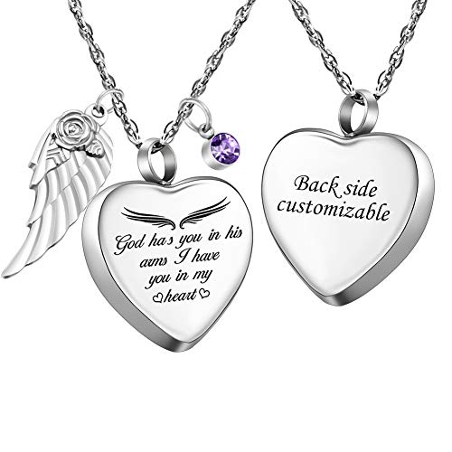 Dletay Heart Urn Necklace for Ashes with 12 Birthstones Cremation Jewelry for Ashes -Your Wings Were Ready My Heart Was Not - color: God has you-Silver Custom