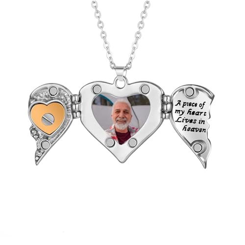 MeiceM Heart Crystal Urn Necklace for Ashes A Piece Of My Heart Lives In Heaven Cremation Jewelry Angel Wings Memorial Keepsake Pendant - color: Silver Blue