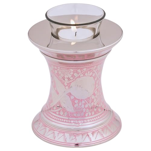 Callia Pink Rose Tealight Cremation Urn for Ashes, Brass Memorial Candle, Silver and Pink, Extra Small Sized Cremation Urn, 5.5 Inches High - color: Pink Rose