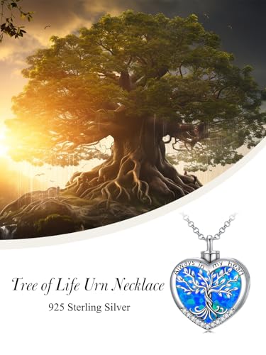 TOUPOP Tree of Life Urn Necklaces for Ashes 925 Sterling Silver Heart Cremation Jewelry Memorial Keepsake Jewelry with Funnel Filler for Women Men - color: A-Heart Tree of Life-Blue Opal