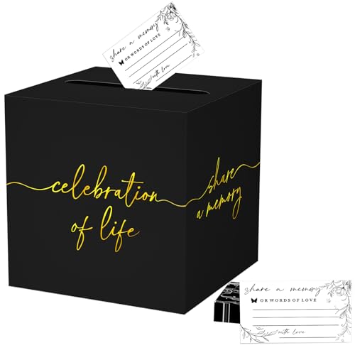 QISOLIY Black Gold Celebration of Life Card Box Share a Memory Box, for Memorial Service Remembrance Table Decor Weddings Retirements, Sympathy (50Pcs Cards) - color: Black Gold