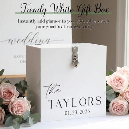Novabright 10 Inches Wedding Acrylic Card Box with Slot Lock and Last Name Transfers Money Box for Bridal Shower Wedding, Baby Shower Birthday Party, No Assembly Needed(White,Classic Style) - color: White, style: Classic Style
