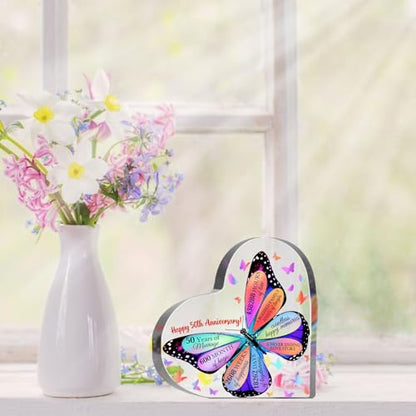 50th Anniversary Butterfly Acrylic Sign, 4" x 4" Heart-Shaped Decorative Sign for Him Her Couples, Gift, Special Occasions - style: 50th Anniversary
