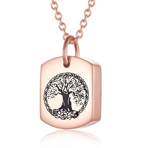 Stainless Steel Square Cremation Dog Tag Urn Necklace for Ashes — Pet Memorial Keepsake Jewelry for Dogs & Cats, Paw Print and Tree of Life Pendant for Women Men, Sympathy Bereavement Gift - color: Rose Gold-3