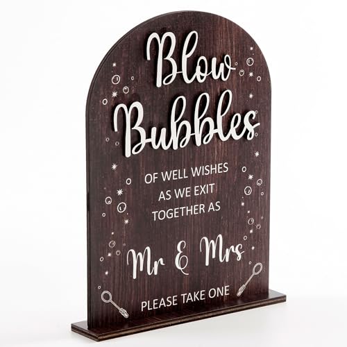 Wood Blow Bubbles Sign Modern Calligraphy for Wedding Ceremony | Modern Calligraphy, Rustic Wooden, Table Top, Wedding Reception and Event Party - color: Brown-Blow Bubbles