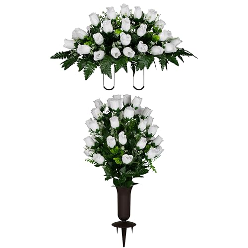 Sympathy Silks Artificial Cemetery Flowers - Gravesite Flowers - White Roses - (1) Headstone Flower Saddle & (1) Matching Bouquet (1) Cemetery Vase Included - color: White Roses, size: (1) Saddle (1) Bouquet (1) Vase
