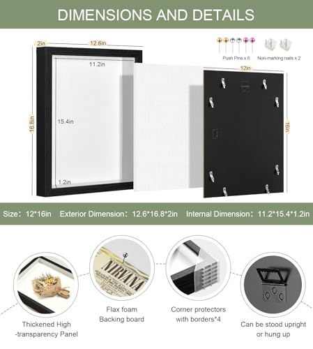 12x16 Large Shadow Box Frame with Thickened Acrylic Panel & Pins - color: Black+foam Back+foam Packaging, size: 12x16