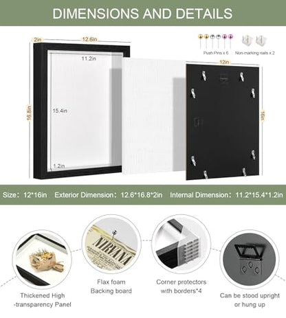 12x16 Large Shadow Box Frame with Thickened Acrylic Panel & Pins - color: Black+foam Back+foam Packaging, size: 12x16