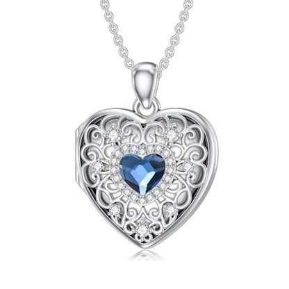 Heart Locket Necklace 925 Sterling Silver Personalized Picture Locket Pendant Birthday Christmas Jewelry Memorial Gifts for Women - color: Silver with Blue