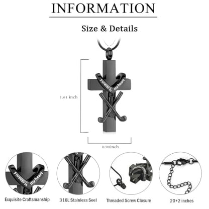 zeqingjw Cross Urn Necklace for Ashes for Men Women Stainless Steel Cremation Golf Clubs Jewelry Ashes Keepsake Memorial Pendant Ash Holder of Loved Ones - color: Black